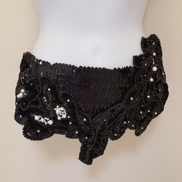Onyx Black Sequin Bead Wedding Obi Belt Sash